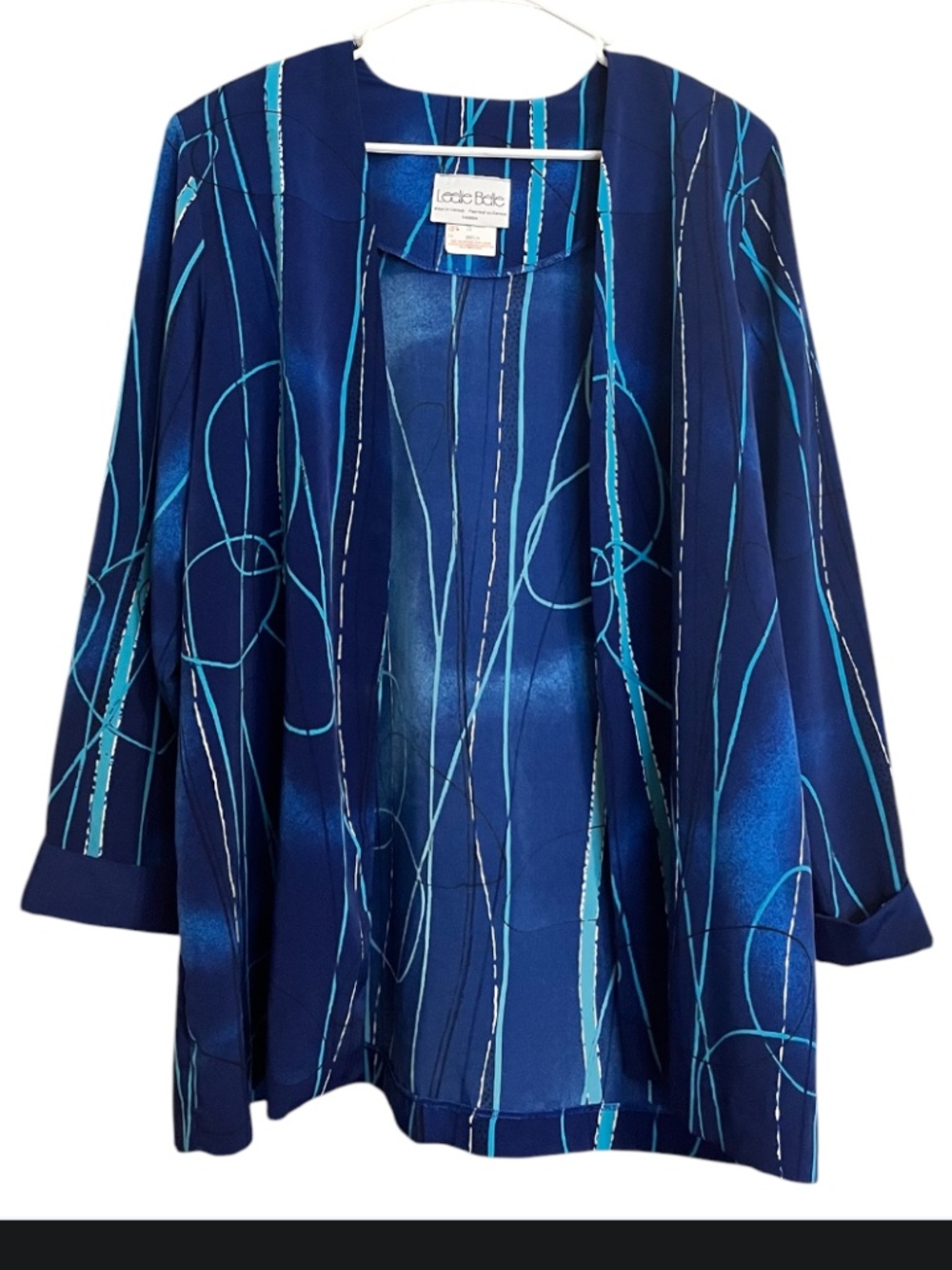Leslie Belle Blue Multi Open Front Abstract Print Lightweight Travel Cardigan 14
